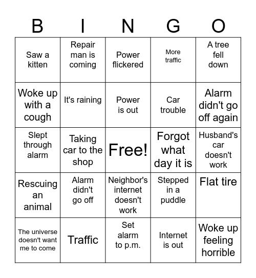 Today's excuse Bingo Card