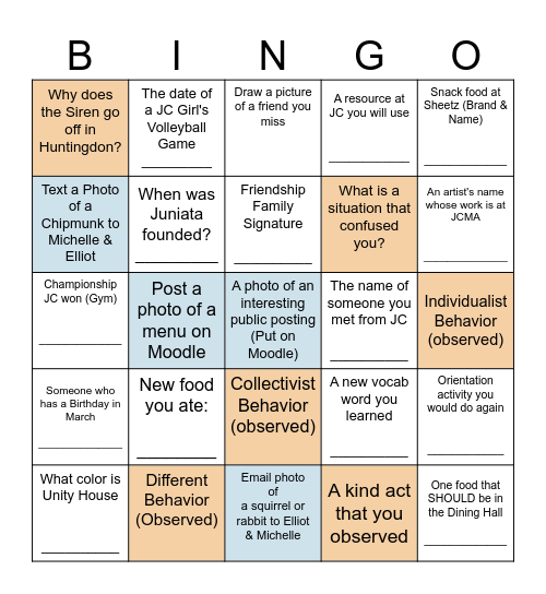 Juniata Pre-Orientation Bingo Card