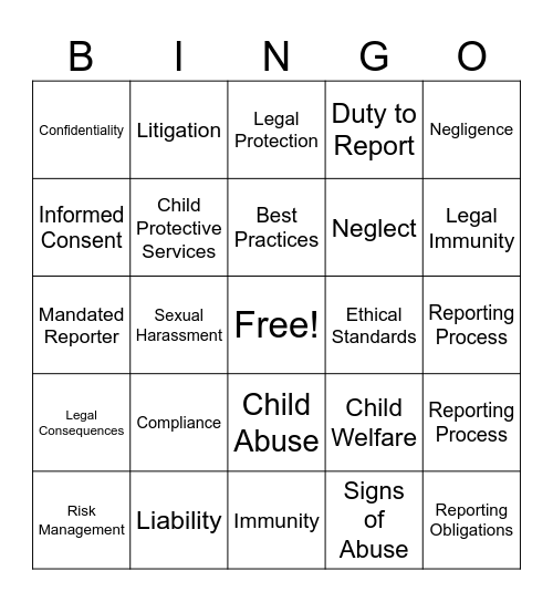 Legal Training Bingo Card