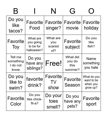 Get to know me BINGO Card