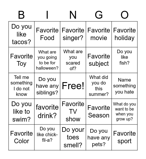 Get to know me BINGO Card