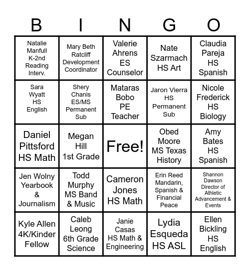 New Staff Fun Facts Bingo Card