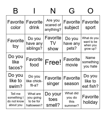 Miss K's Get to know me! Bingo Card