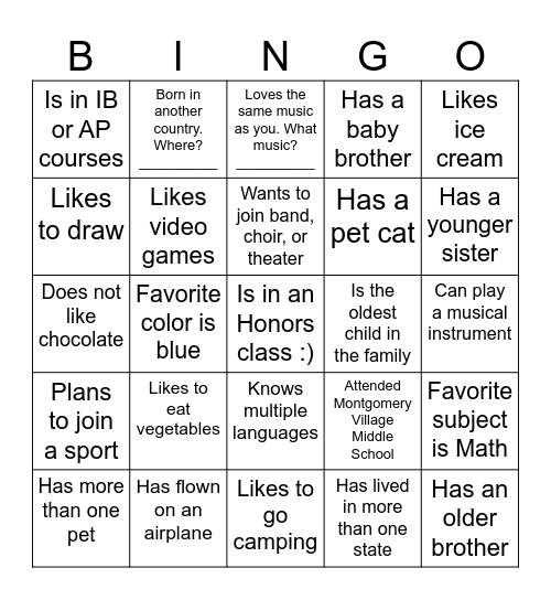 Classmate Bingo Card