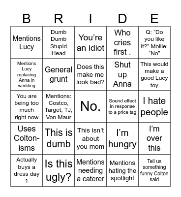 Mollie's Wedding Dress Shopping BINGO Card