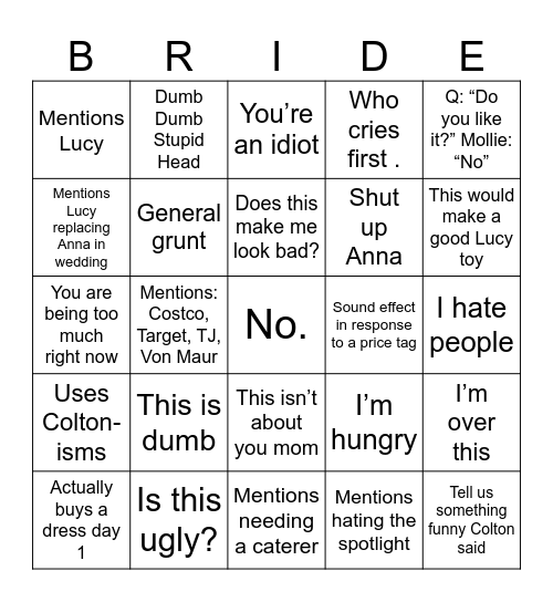 Mollie's Wedding Dress Shopping BINGO Card