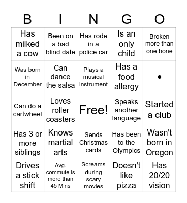 Get to know you Bingo Card