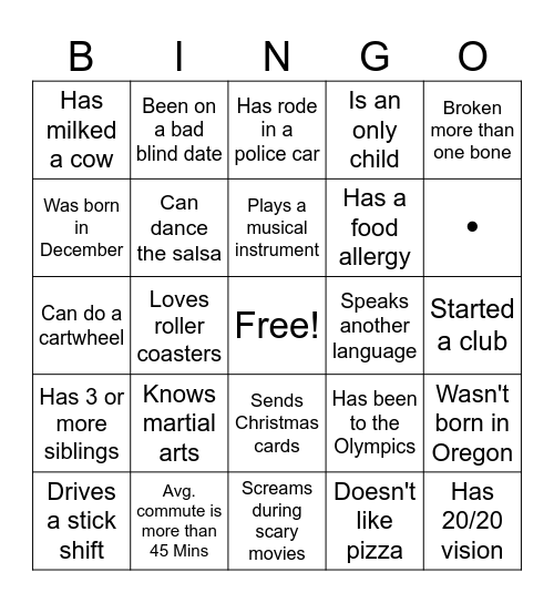 Get to know you Bingo Card