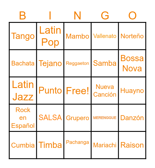 Latin Genre Bingo Card
