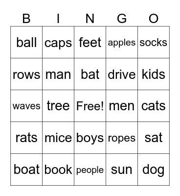 Singular + Plural Nouns Bingo Card