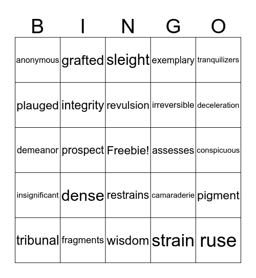 Unwind Vocabulary: Part 1 Bingo Card