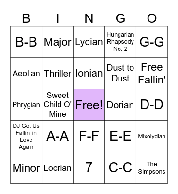 Musical Modes Bingo Card