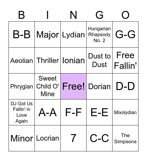 Musical Modes Bingo Card