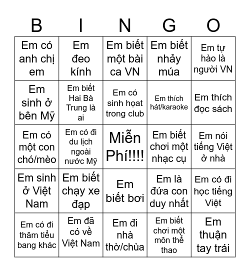 Bingo Tiếng Việt Bingo Card