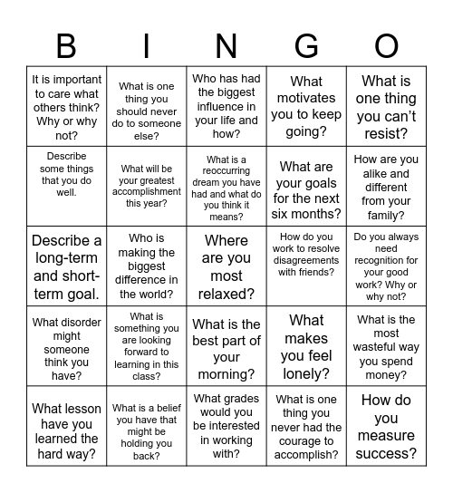 Getting to Know You Bingo Card