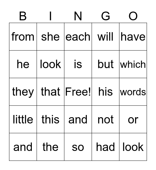 Sight Words Bingo Card