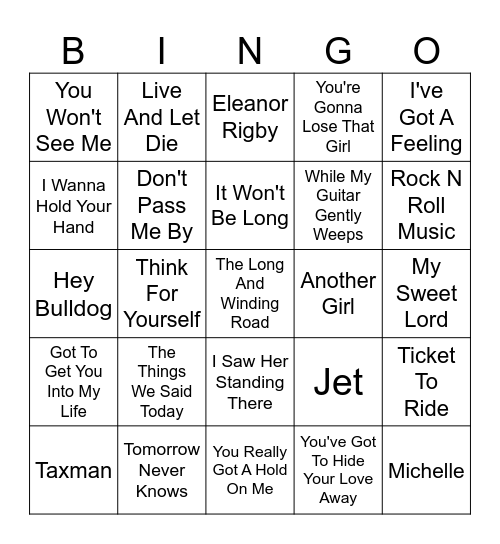 Beatles Bingo Card