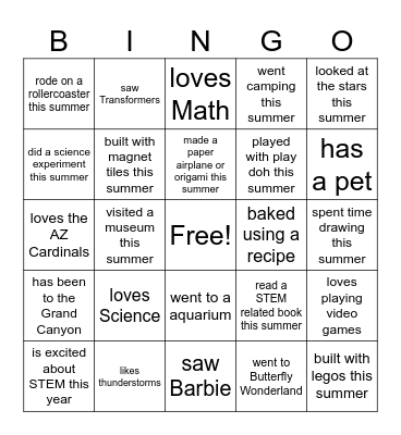 Find a Friend STEM Bingo Card
