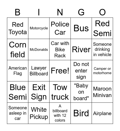 Road Bingo Card