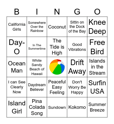 Beach Music Bingo Card