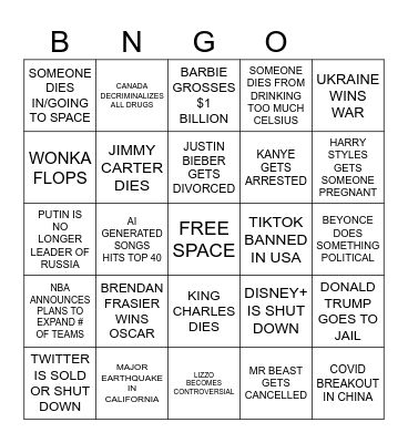 2023 Predictions Bingo Card