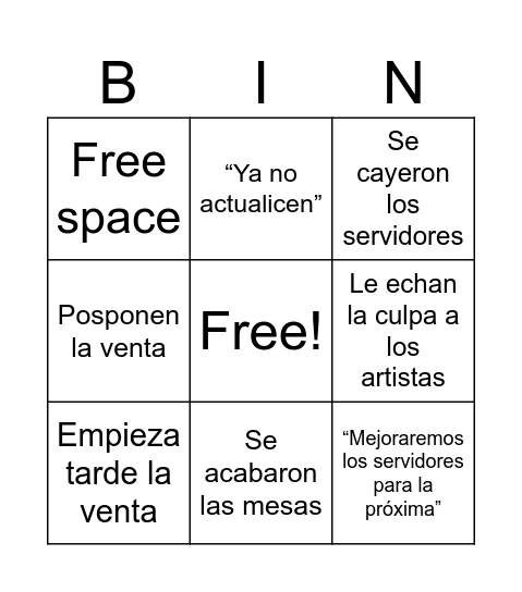 Bingo pa comprar mesas de La Conve Bingo Card