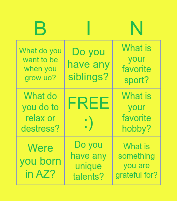 Get to know you bingo! Bingo Card