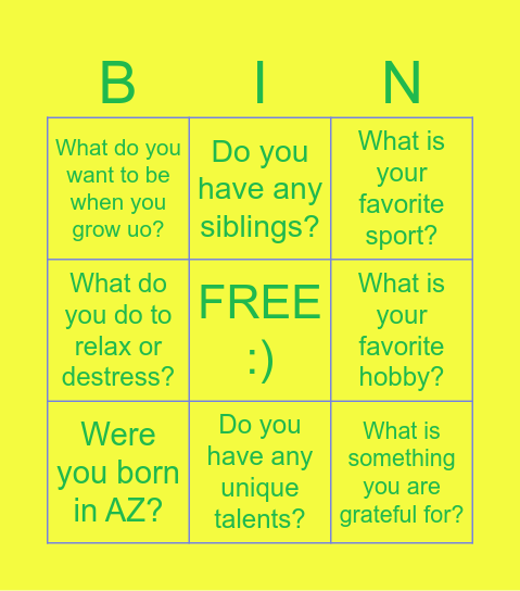 Get to know you bingo! Bingo Card