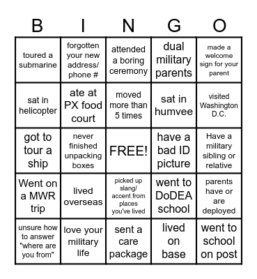 Military Kid Bingo Card