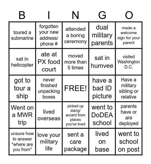 Military Kid Bingo Card