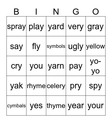 Letter y Sounds Bingo Card