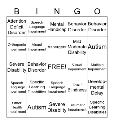 Special Education Disabilities Bingo Card