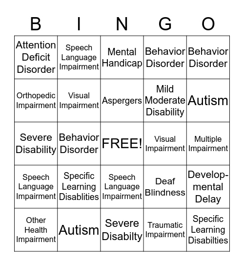 Special Education Disabilities Bingo Card
