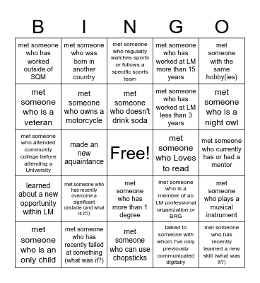 2023 SQM Workshop Speed Networking Bingo Card