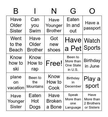 Ice-Breaker Scavenger Hunt Bingo Card