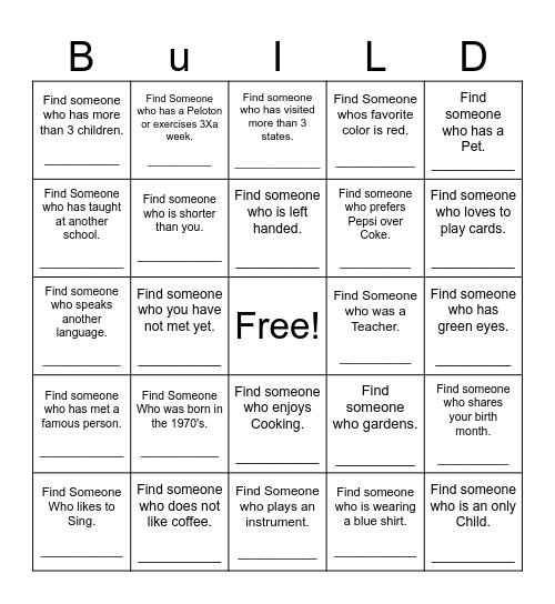 BUILDing Relationships BINGO Card