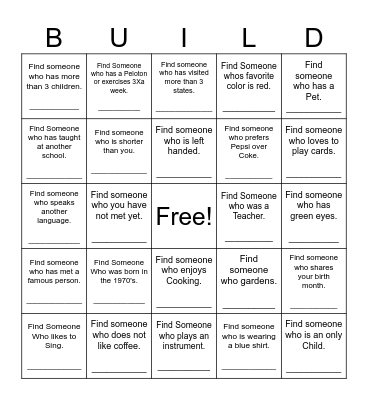 BUILDing Relationships BINGO Card