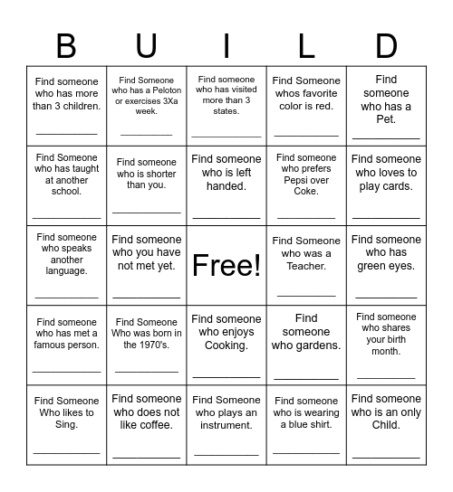 BUILDing Relationships BINGO Card