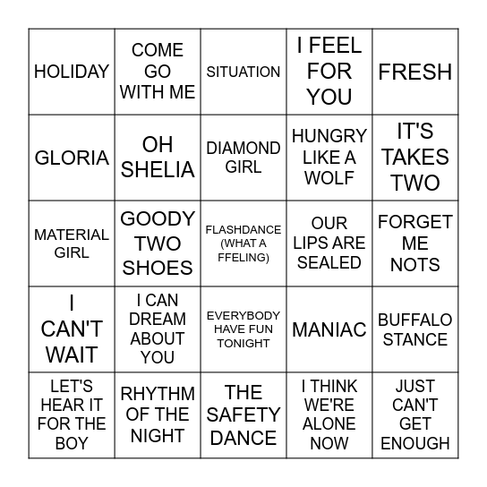 DANCE PARTY 1980'S Bingo Card