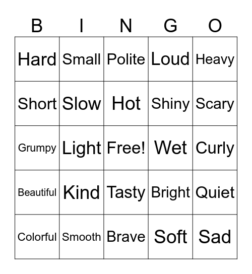Adjectives Bingo Card