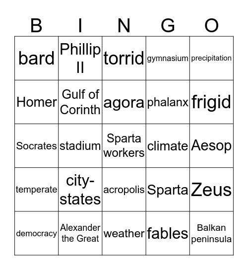 Greek Bingo Card