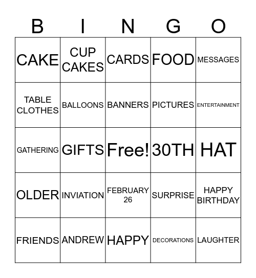 Andrews 30th Birthday ! Bingo Card