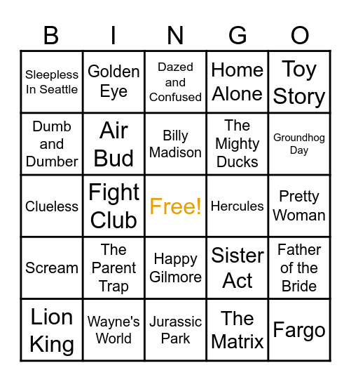 90's Movie Bingo Card