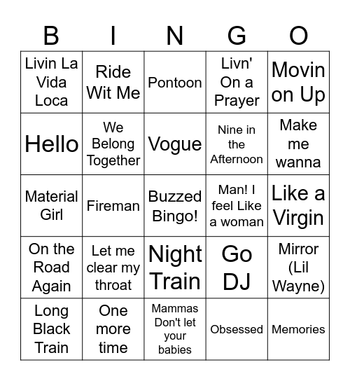 Songs/Artists L, M, N, O Bingo Card