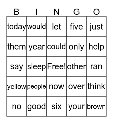 Set 5 Sight Words Bingo Card