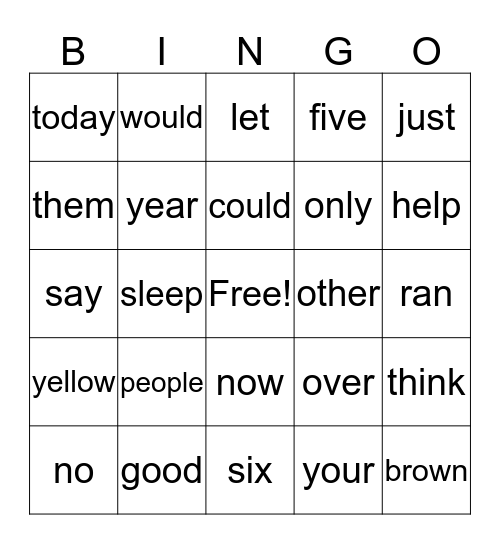 Set 5 Sight Words Bingo Card