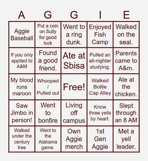 Aggie Bingo Card