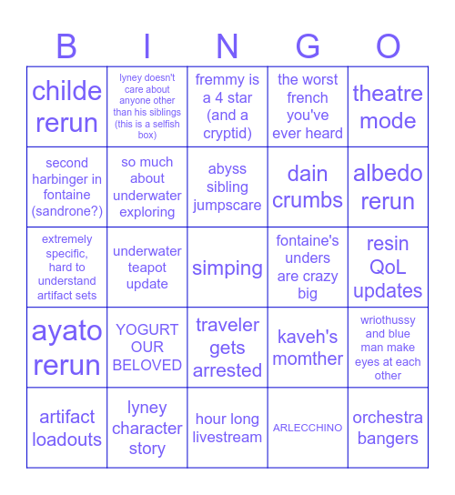 Genshin Goober 4.0 Livestream Bingo Card