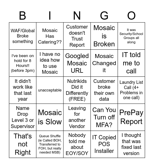 Busy Season Bingo Card