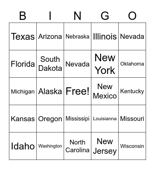 License Plates Bingo Card